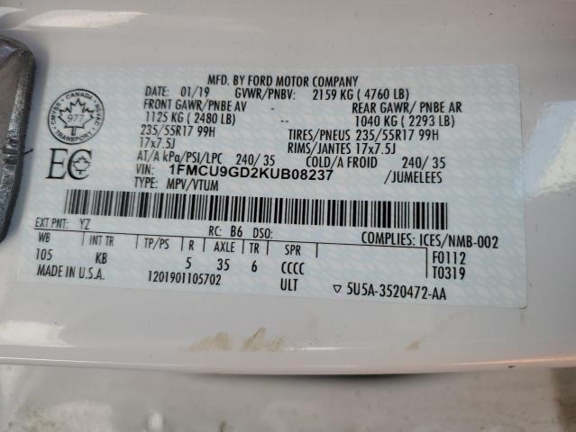 1FMCU9GD2KUB08237 - 2019 FORD ESCAPE SE WHITE photo 13