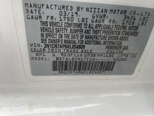 3N1CN7AP6KL854809 - 2019 NISSAN VERSA S WHITE photo 10