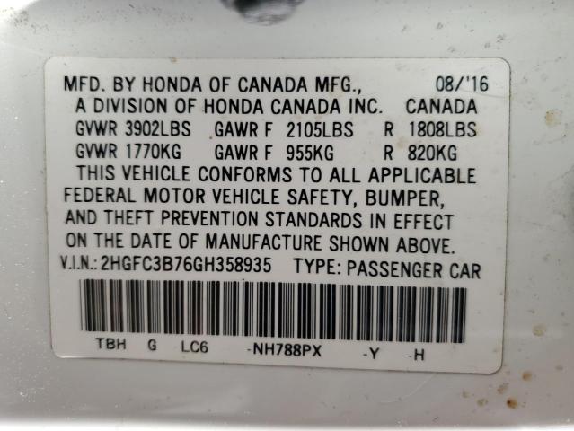 2HGFC3B76GH358935 - 2016 HONDA CIVIC EXL WHITE photo 13