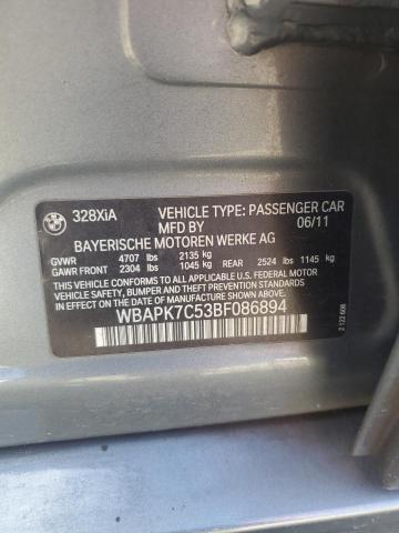 WBAPK7C53BF086894 - 2011 BMW 328 XI GRAY photo 12