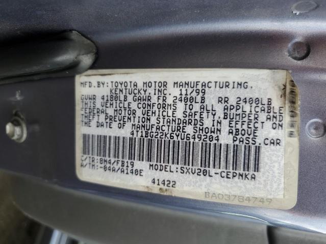 4T1BG22K6YU649204 - 2000 TOYOTA CAMRY CE BLUE photo 12