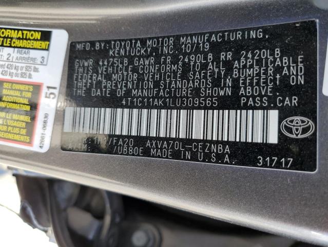 4T1C11AK1LU309565 - 2020 TOYOTA CAMRY LE GRAY photo 13