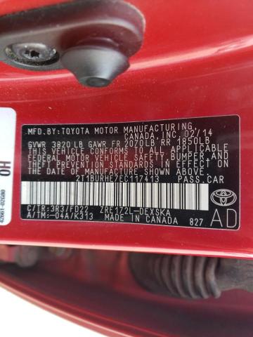 2T1BURHE7EC117413 - 2014 TOYOTA COROLLA L RED photo 12