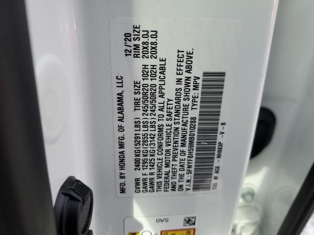 5FNYF8H59MB010288 - 2021 HONDA PASSPORT EXL WHITE photo 13