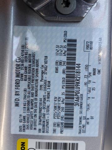 3FA6P0LU9KR218144 - 2019 FORD FUSION SE SILVER photo 13