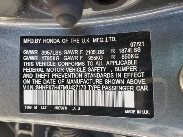 SHHFK7H47MU427170 - 2021 HONDA CIVIC SPORT GRAY photo 12