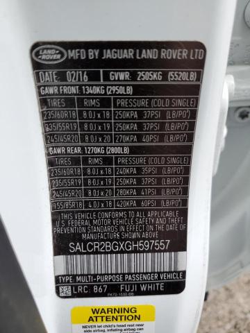 SALCR2BGXGH597557 - 2016 LAND ROVER DISCOVERY HSE WHITE photo 12