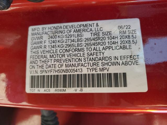 5FNYF7H50NB005413 - 2022 HONDA PASSPORT EXL RED photo 13