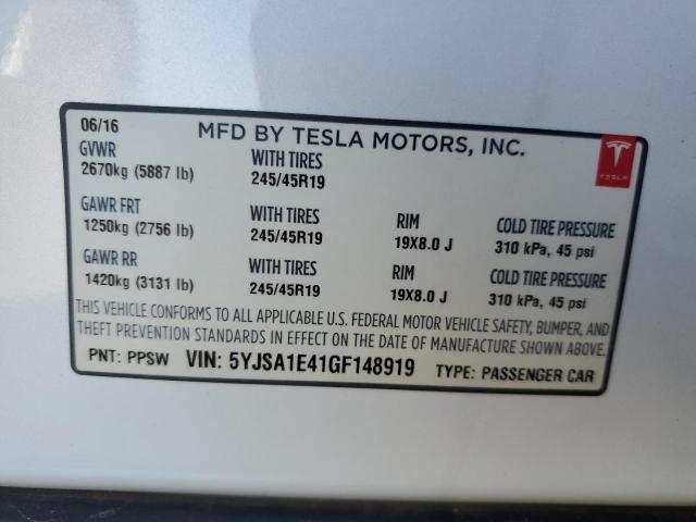 5YJSA1E41GF148919 - 2016 TESLA MODEL S Սպիտակ լուսանկար 12