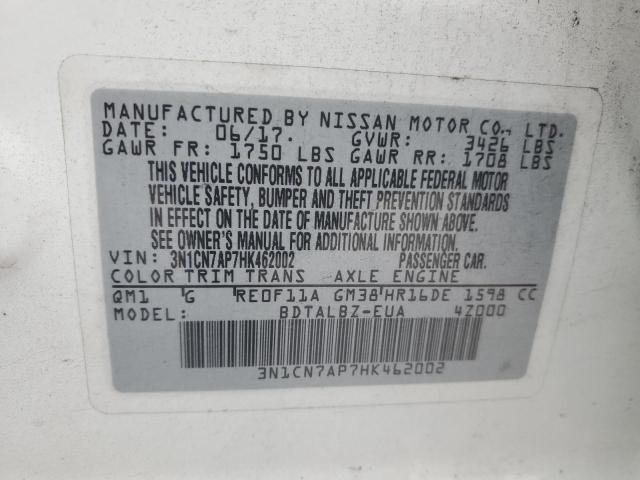 3N1CN7AP7HK462002 - 2017 NISSAN VERSA S WHITE photo 12