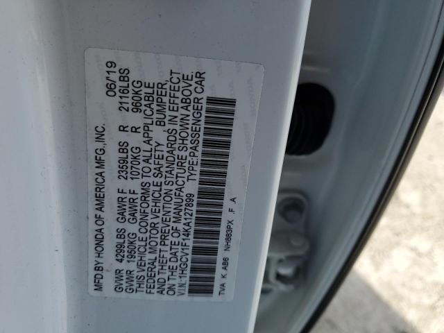 1HGCV1F14KA127899 - 2019 HONDA ACCORD LX WHITE photo 12