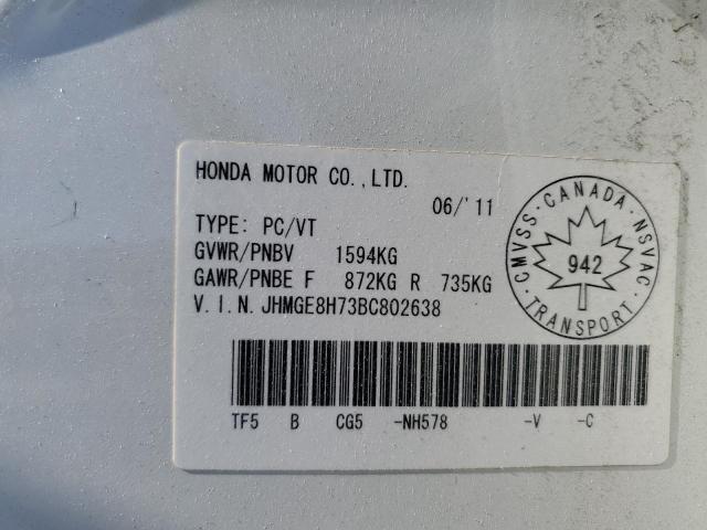 JHMGE8H73BC802638 - 2011 HONDA FIT SPORT WHITE photo 12