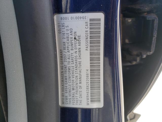 WVWRH63BX2E208814 - 2002 VOLKSWAGEN PASSAT GLX Mavi foto 10