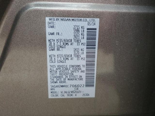 5N1AR2MM4EC706022 - 2014 NISSAN PATHFINDER S 灰色 照片 13