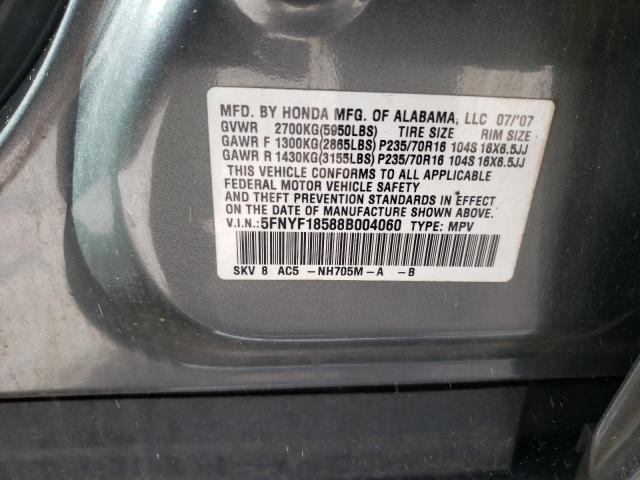 5FNYF18588B004060 - 2008 HONDA PILOT EXL GRAY photo 13