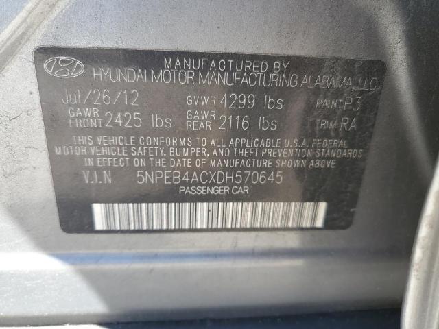 5NPEB4ACXDH570645 - 2013 HYUNDAI SONATA GLS GRAY photo 12