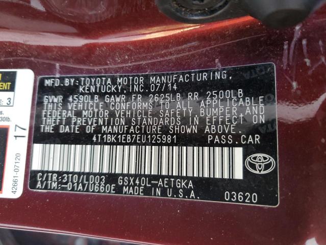 4T1BK1EB7EU125981 - 2014 TOYOTA AVALON BASE 勃艮第红 照片 13