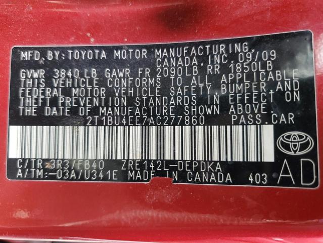 2T1BU4EE7AC277860 - 2010 TOYOTA COROLLA BASE RED photo 12