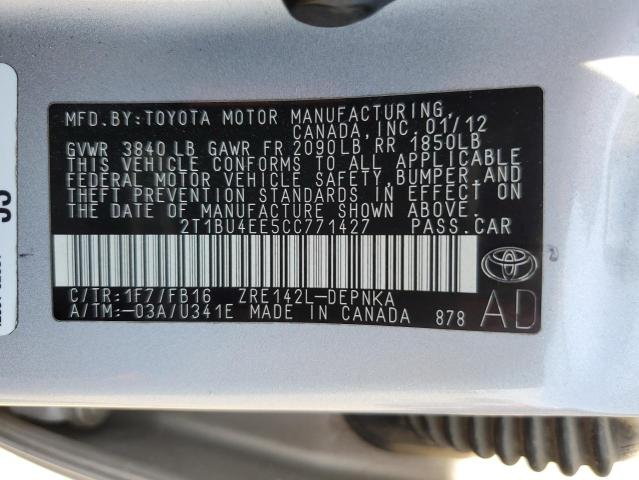 2T1BU4EE5CC771427 - 2012 TOYOTA COROLLA BASE SILVER photo 12