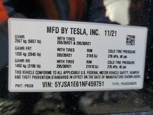 5YJSA1E61NF459751 - 2022 TESLA MODEL S BLACK photo 13