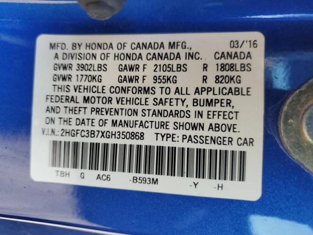 2HGFC3B7XGH350868 - 2016 HONDA CIVIC EXL ლურჯი ფოტო 12