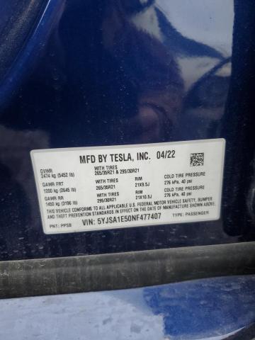 5YJSA1E50NF477407 - 2022 TESLA MODEL S BLUE photo 14