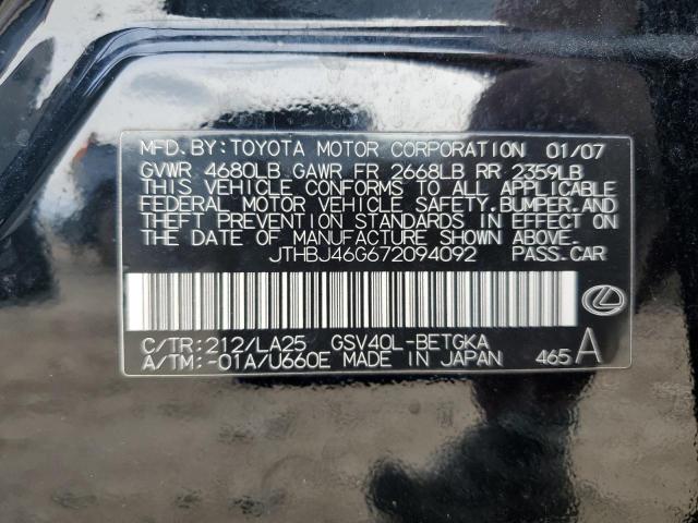 JTHBJ46G672094092 - 2007 LEXUS ES 350 BLACK photo 12