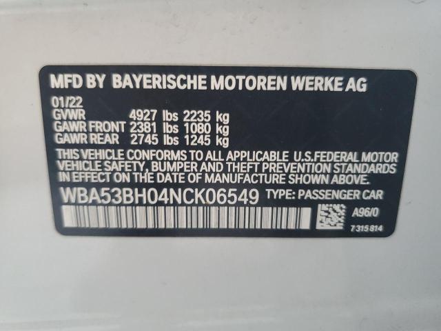 WBA53BH04NCK06549 - 2022 BMW 530 I WHITE photo 12