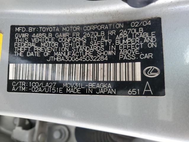 JTHBA30G645032284 - 2004 LEXUS ES 330 SILVER photo 12