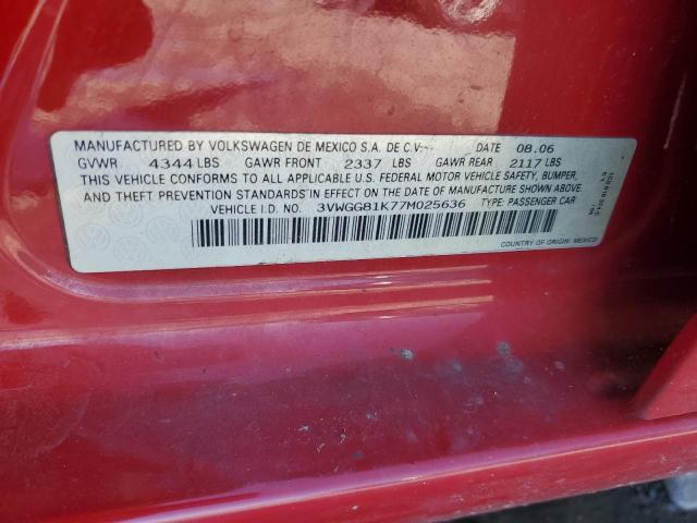 3VWGG81K77M025636 - 2007 VOLKSWAGEN JETTA RED photo 12