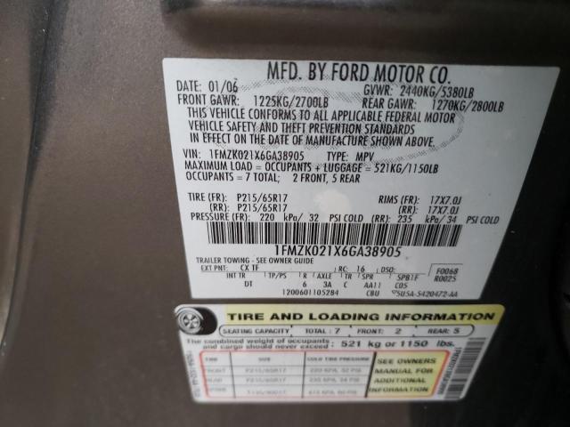 1FMZK021X6GA38905 - 2006 FORD FREESTYLE SEL GRAY photo 13