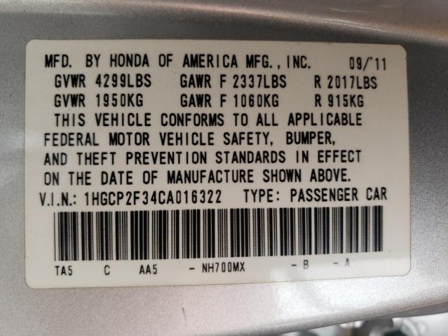 1HGCP2F34CA016322 - 2012 HONDA ACCORD LX SILVER photo 12