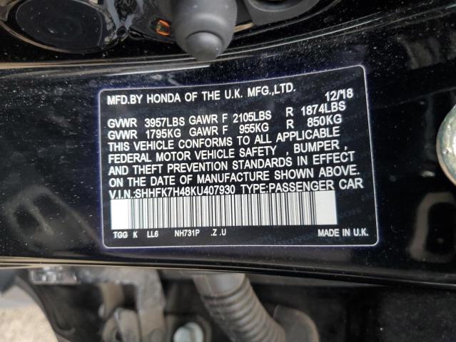 SHHFK7H48KU407930 - 2019 HONDA CIVIC SPORT შავი ფოტო 12