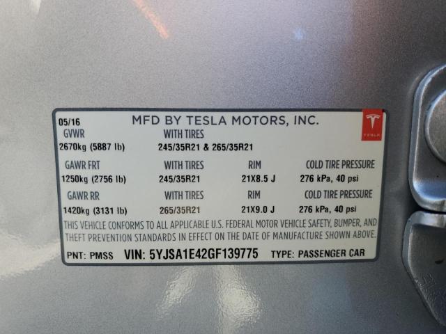 5YJSA1E42GF139775 - 2016 TESLA MODEL S SILVER photo 12
