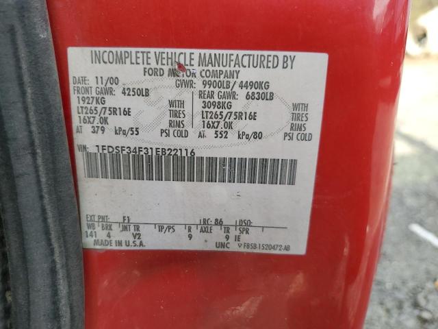 1FDSF34F31EB22116 - 2001 FORD F350 SRW SUPER DUTY RED photo 12