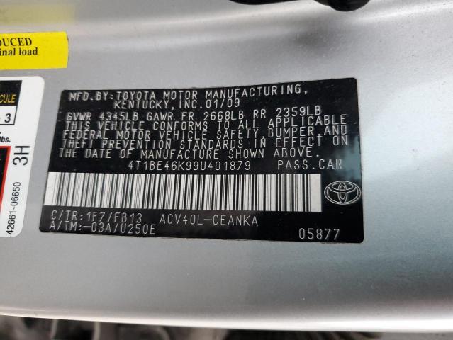 4T1BE46K99U401879 - 2009 TOYOTA CAMRY BASE SILVER photo 12