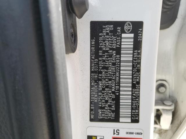 4T1B11HK8KU232838 - 2019 TOYOTA CAMRY L WHITE photo 12