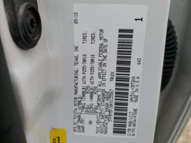5TFRM5F18KX135567 - 2019 TOYOTA TUNDRA DOUBLE CAB SR/SR5 WHITE photo 12