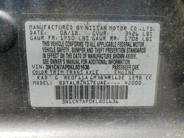 3N1CN7AP0KL801636 - 2019 NISSAN VERSA S GRAY photo 13