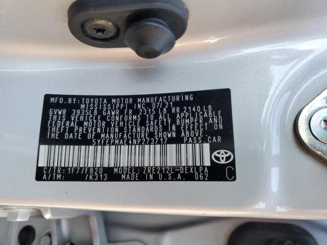 5YFEPMAE4NP273717 - 2022 TOYOTA COROLLA LE SILVER photo 12