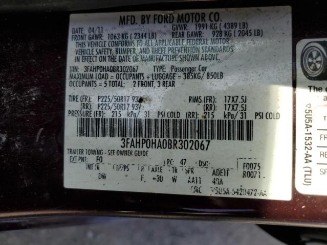 3FAHP0HA0BR302067 - 2011 FORD FUSION SE MAROON photo 12