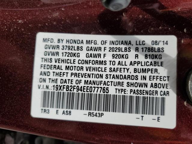 19XFB2F94EE077765 - 2014 HONDA CIVIC EXL MAROON photo 12