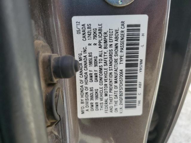 2HGFB2F57CH570064 - 2012 HONDA CIVIC LX BROWN photo 12