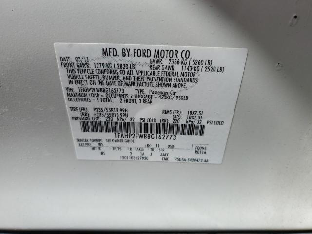 1FAHP2EW8BG162773 - 2011 FORD TAURUS SEL WHITE photo 12