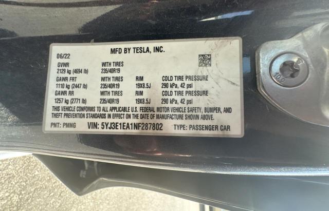 5YJ3E1EA1NF287802 - 2022 TESLA MODEL 3 GRAY photo 10