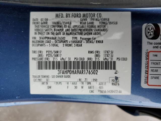 3FAHP0HA9AR176502 - 2010 FORD FUSION SE BLUE photo 12