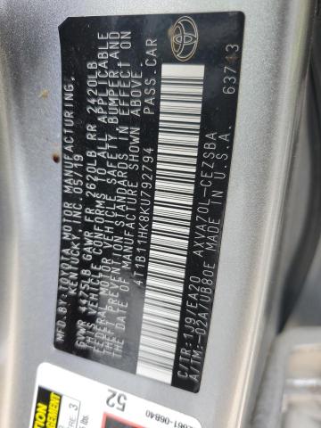 4T1B11HK8KU792794 - 2019 TOYOTA CAMRY L SILVER photo 12