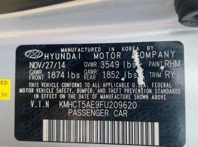 KMHCT5AE9FU209620 - 2015 HYUNDAI ACCENT GS SILVER photo 10