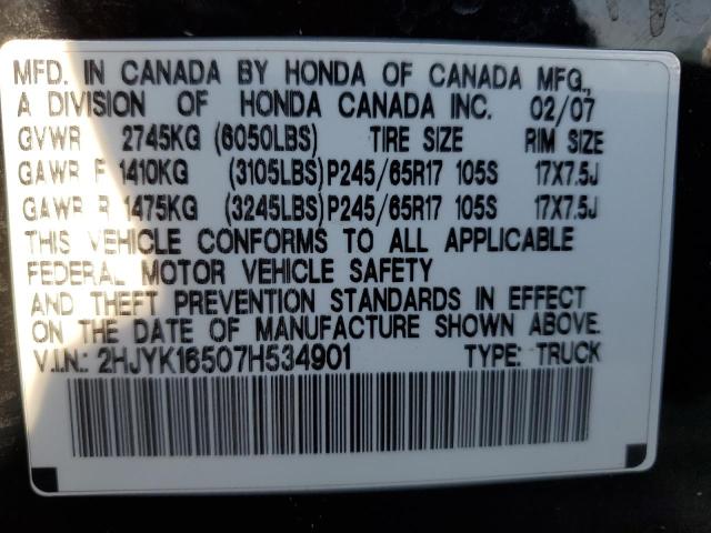 2HJYK16507H534901 - 2007 HONDA RIDGELINE RTL BLACK photo 12