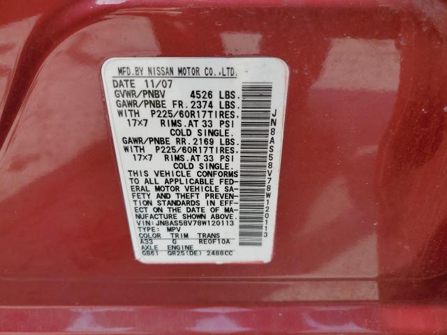 JN8AS58V78W120113 - 2008 NISSAN ROGUE S RED photo 12